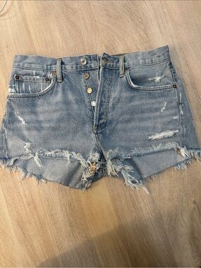 Agolde Light Wash Distressed High-Rise Denim Cutoff Shorts - Size 27